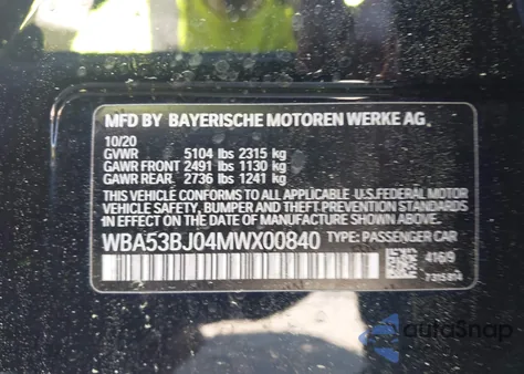 2021 BMW 540I из США, поврежденный, VIN WBA53BJ04MWX00840